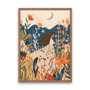 Marzycielska kobieta Natura A5 Art Print Zaczarowana kobieta w kwiatowym krajobrazie Moonlight Wall Art Boho Estetyczny plakat Mały Art Print do wystroju domu