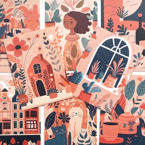 Op de afbeelding: Een verzameling ge&iuml;llustreerde kunstprints met een consistente kleurenpalet van koraal, perzik en blauwgroen. De prints tonen verschillende sc&egrave;nes, waaronder een huis, een raam met planten en een kat. Botanische elementen en een vrouwenportret zijn ook aanwezig.