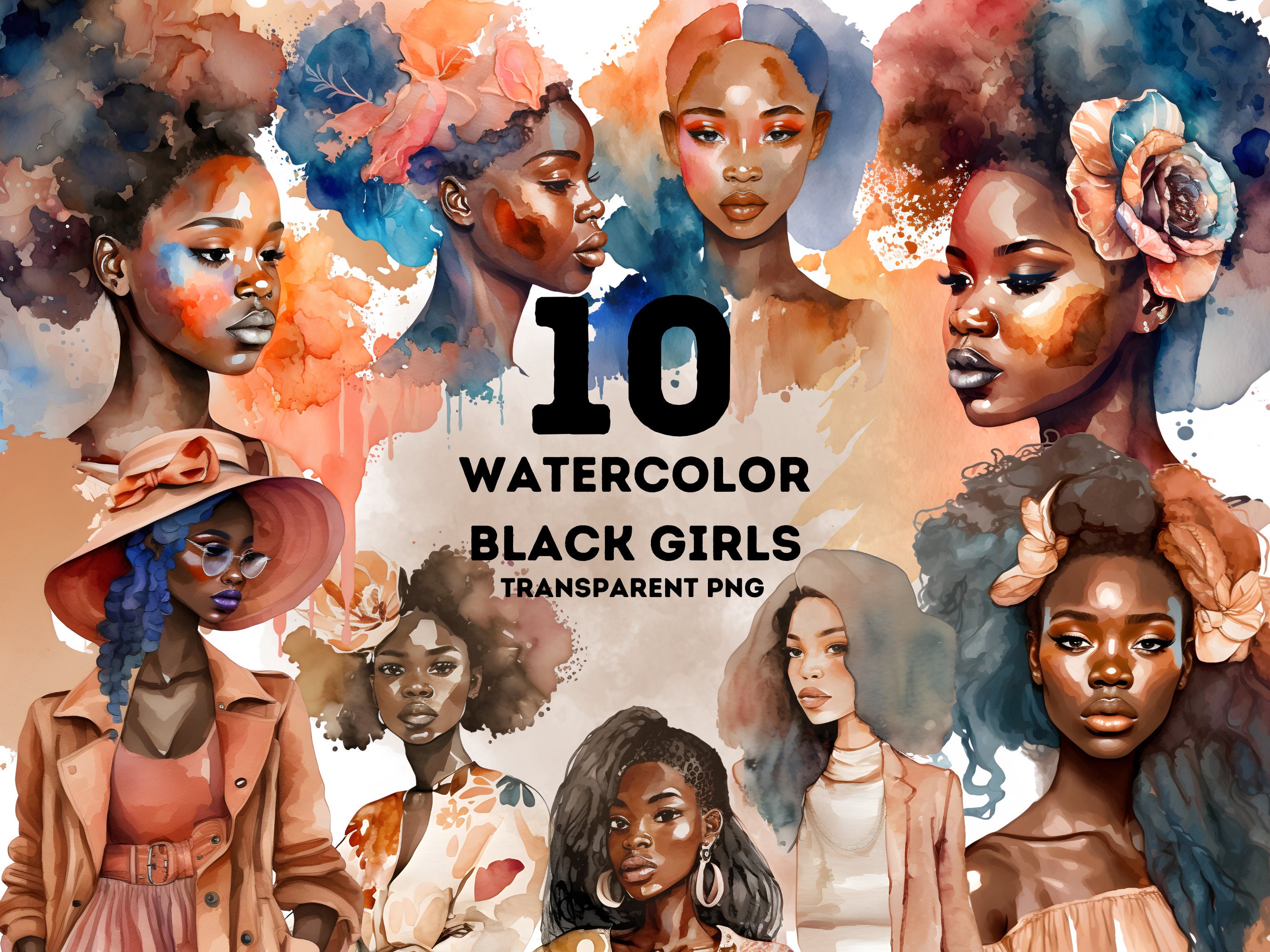 Blackgirl Clipart Watercolor PNG Set Black Girl Png Black Queen Png for ...