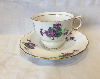Colclough Bone China Teacup and Saucer Purple Flowers Gold Trim
