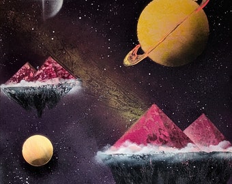 Pyramids Floating on Islands in Space - Original Spray Painting Wall Art