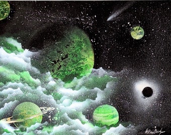 Green Planets Orbiting a Black Hole - Original Spray Painting Wall Art