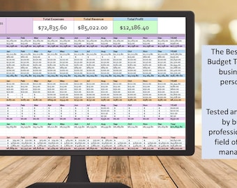 May include: A computer screen displaying a business budget template with a spreadsheet showing monthly expenses, revenue, and profit. The spreadsheet is color-coded and includes categories for employee costs, office costs, marketing costs, and more. The total expenses are $72,835.60, the total revenue is $85,022.00, and the total profit is $12,186.40. The text on the screen reads "The Best Business Budget Template for businesses or personal use." and "Tested and approved by business professionals in the field of financial management."