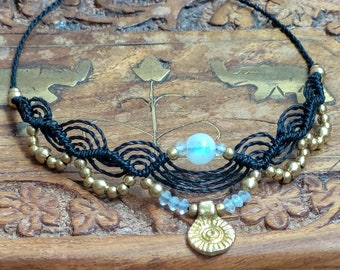 Rainbow moonstone macrame choker black with golden brass beads | hippie jewelry | boho | festival jewelry | collar | tiara