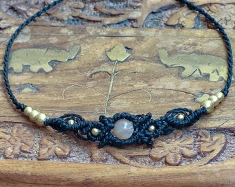 Macrame Choker Sunstone Black – Handmade, Boho Festival Jewelry with Brass Beads, Adjustable, Gift