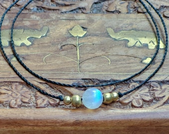 Rainbow Moonstone Macrame Choker – Handmade Boho Double-Row Choker with Gemstone Pendant, Adjustable, Spiritual Jewelry