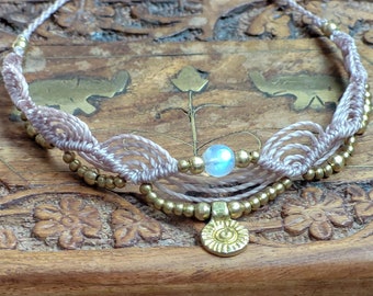 Rainbow moonstone macrame choker beige with golden brass beads | hippie jewelry | boho | festival jewelry | collar | tiara