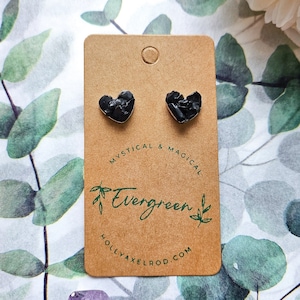 Black Obsidian Studs, Raw Crystal Earrings, Heart Shaped Earrings, Black Obsidian Hearts, Handmade Studs, Volcanic Glass Earrings