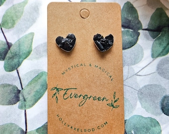 Black Obsidian Studs | Raw Crystal Earrings | Heart Shaped Earrings | Black Obsidian Hearts