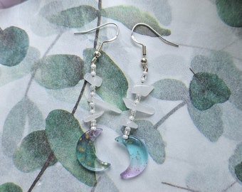 Colorful Moon Earrings | White Jade Earrings | Moon Dangle Earrings | Handmade Earrings