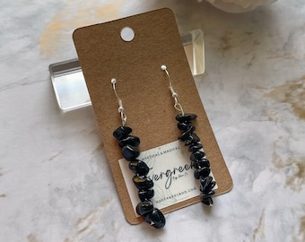 Black Obsidian Dangle Earrings | Stacked Gemstone, Hypoallergenic Hooks