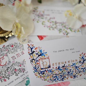 Jane Austen, conjunto de 6 postales, Orgullo y Prejuicio, Persuasión, Emma, Sentido y Sensibilidad
