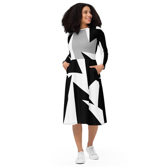 Women Art Deco Dress, Black and White Fit and Flare, All-over Print Long  Sleeve Midi Dress, Regular and Plus Sizes - Etsy
