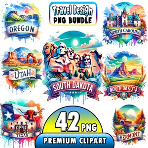 42 PNG, diseño de viaje retro icónico de los estados de EE. UU., paquete PNG, paquete de aventuras de lugares de interés globales, imagen de estados de EE. UU., imágenes prediseñadas de vacaciones