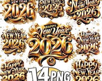 Watercolor New Year Clipart, happy new years 2026, Festive Holiday PNG, newyear sublimation, new year instant download