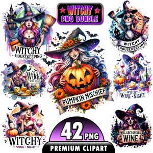 May include: A set of 42 digital clipart images featuring witches with pumpkins, wine, and other Halloween-themed elements. The images are in a cartoon style with bright colors and whimsical details. The text "Witchy" appears multiple times in the image.