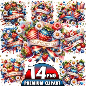 May include: A collection of patriotic clipart images featuring strawberries decorated with red, white, and blue patterns. Each design includes the text "Independence Day" on a decorative ribbon, surrounded by flowers and hearts. The image also includes the text "14 PNG PREMIUM CLIPART".