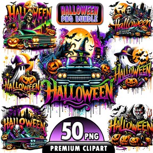 May include: A set of 50 Halloween-themed digital clipart images. The images feature various spooky characters, including ghosts, witches, and monsters, as well as classic Halloween symbols like pumpkins, bats, and spiderwebs. The images are in a vibrant color palette of orange, purple, green, and black.