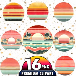 May include: Set of 8 retro sunset clipart images in a variety of colors, including red, orange, yellow, blue, and green. The images feature a stylized sunset over the ocean with palm trees and waves. The images are perfect for adding a vintage touch to your designs.