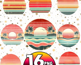 Retro zonsondergang png-bundel, retro vintage zonsondergang png-sublimatieachtergrond, grunge noodlijdende zonsondergang png, strandpalm, zomerclipart, png