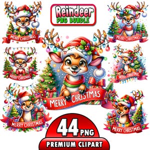 May include: A set of 44 digital clipart images featuring cute cartoon reindeer wearing Santa hats and holding Christmas presents. The reindeer are surrounded by Christmas lights, trees, and banners that say "Merry Christmas".