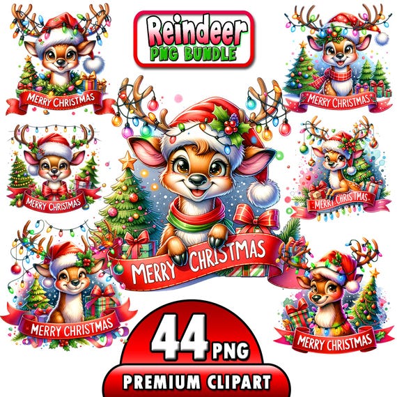 44 Cute Reindeer PNG Clipart Set, Christmas Deer, Watercolor Santa reindeer graphics, Christmas Clipart, Christmas cards, sublimation design