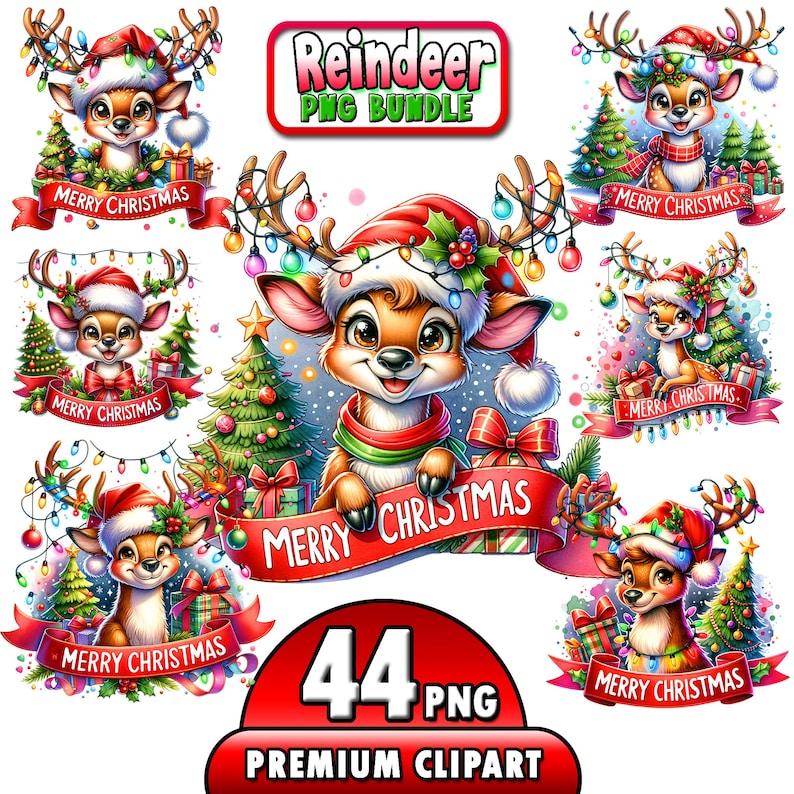 May include: A set of 44 digital clipart images featuring cute cartoon reindeer wearing Santa hats and holding Christmas presents. The reindeer are surrounded by Christmas lights, trees, and banners that say "Merry Christmas".