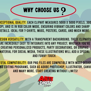 May include: A graphic with a red circle around the text "WHY CHOOSE US?" and a green, yellow, and blue landscape background. The text describes the high quality, versatility, and compatibility of the clipart images. The text also includes the company name "ARTE DIGITAL Designs".