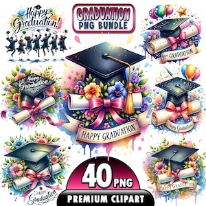 Colección de acuarelas de graduación, 40 imágenes PNG de flores de graduación, birretes de graduación, diplomas, uso comercial