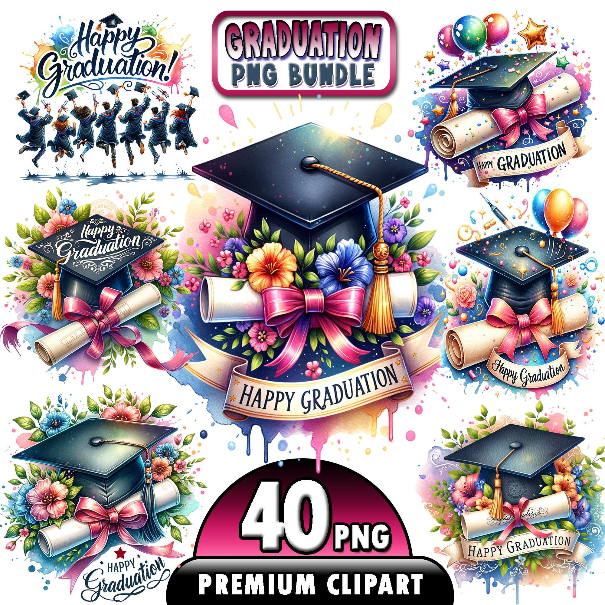 Watercolor Graduation Collection Clipart, 40 PNG Grad Floral Clipart ...