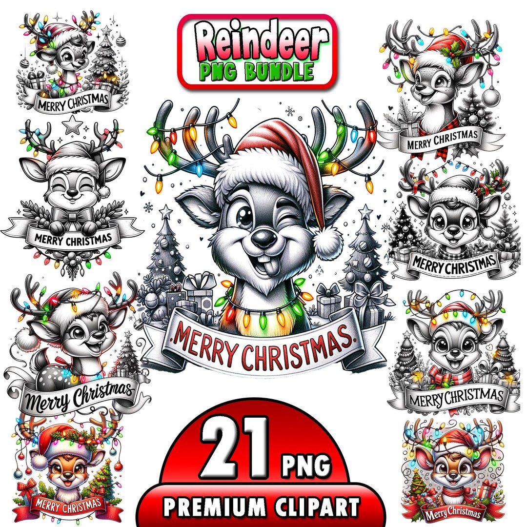 21 Cute Reindeer PNG Clipart Set, Christmas Deer, Watercolor Santa ...
