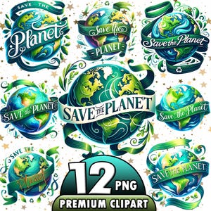 May include: Twelve digital illustrations of Earth with green leaves and ribbons. The text "Save the Planet" is featured on each illustration. The illustrations are in a cartoon style and are perfect for eco-friendly projects.