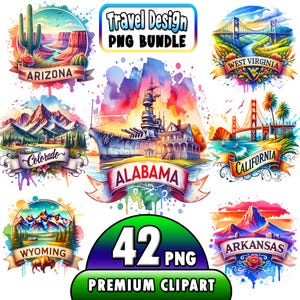 42 PNG, diseño de viaje retro icónico de los estados de EE. UU., paquete PNG, paquete de aventuras de lugares de interés globales, imagen de estados de EE. UU., imágenes prediseñadas de vacaciones