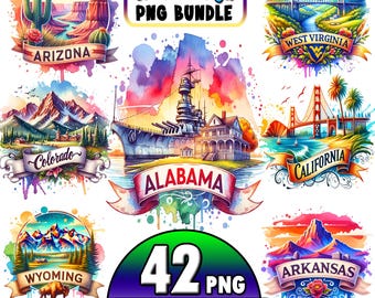 Könnte beinhalten: Ein Set mit 42 PNG-Clipart-Bildern im Aquarell-Stil für Reise-Designs. Jedes Bild zeigt einen Staatsnamen und eine einzigartige Illustration eines Wahrzeichen oder Symbols. Die Bilder sind in einer lebendigen Farbpalette mit einem Aquarell-Effekt gehalten.