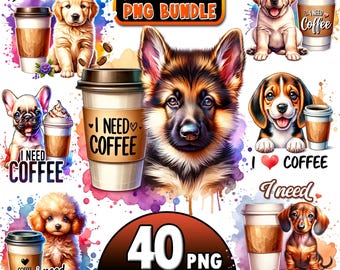 40 Coffee Dog Clipart, puppyclipart, puppy coffee dogs, Commercial Use - Cartoon Pet prints, Funny Dogs printables