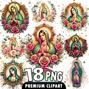 May include: A collection of 18 PNG premium clipart images featuring illustrations of the Virgin Mary. Each image showcases the Virgin Mary with a halo, surrounded by roses and other floral elements, in various artistic styles.