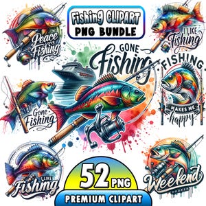 Watercolor Fishing Clipart, Fishing Clipart Bundle, Fishing 52 PNG Clip Art Fishing theme Watercolor Fishing, Commercial Use