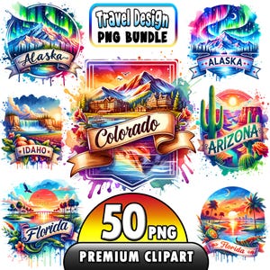 50 PNG, diseño de viaje retro icónico de los estados de EE. UU., paquete PNG, paquete de aventuras con lugares de interés global, imagen de estados de EE. UU., imágenes prediseñadas de vacaciones
