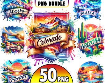 Può includere: Un set di 50 illustrazioni colorate in stile acquerello che rappresentano diversi stati degli Stati Uniti. Ogni illustrazione presenta un design unico con il nome dello stato e un simbolo che rappresenta lo stato. Le illustrazioni sono perfette per l'uso in progetti a tema viaggio, grafica per i social media e altro ancora.