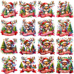 May include: Twelve digital illustrations of cute cartoon reindeer wearing Santa hats and surrounded by Christmas lights, ornaments, and presents. Each image has the text "Merry Christmas" on a red ribbon.