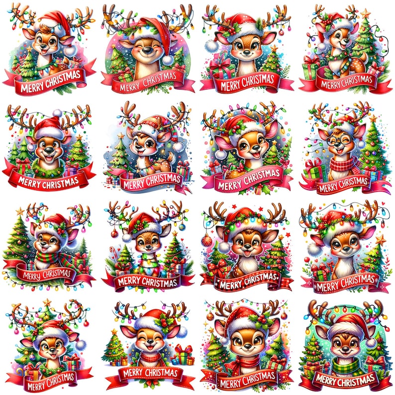 May include: Twelve digital illustrations of cute cartoon reindeer wearing Santa hats and surrounded by Christmas lights, ornaments, and presents. Each image has the text "Merry Christmas" on a red ribbon.
