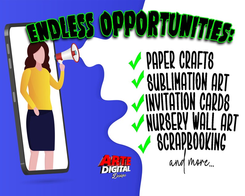 May include: A digital illustration of a person holding a megaphone with the text "ENDLESS OPPORTUNITIES:" and a list of craft ideas including paper crafts, sublimation art, invitation cards, nursery wall art, scrapbooking, and more.