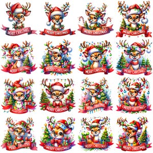 May include: A digital collage of 16 images featuring cute cartoon reindeer wearing Santa hats and surrounded by Christmas lights, ornaments, and presents. Each image has the text "Merry Christmas" at the bottom.