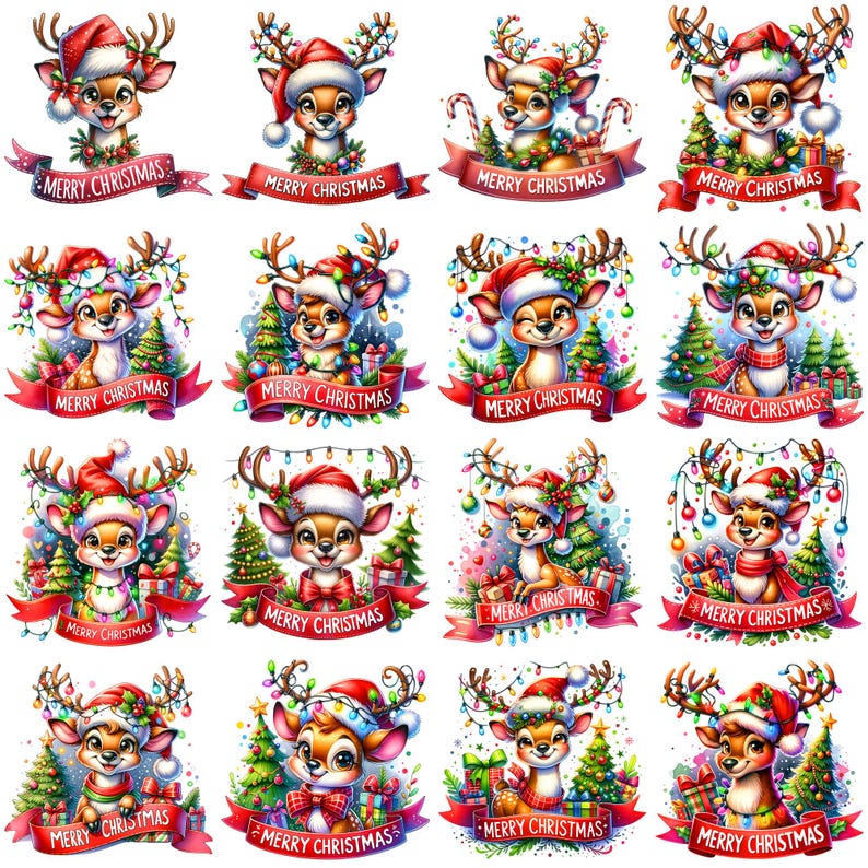 May include: A digital collage of 16 images featuring cute cartoon reindeer wearing Santa hats and surrounded by Christmas lights, ornaments, and presents. Each image has the text "Merry Christmas" at the bottom.