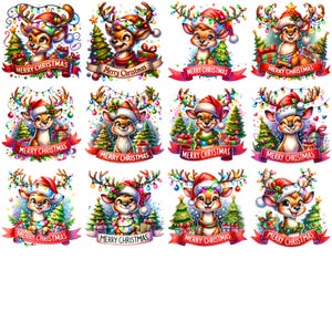 May include: Twelve digital illustrations of a cartoon reindeer wearing a Santa hat and surrounded by Christmas lights, presents, and a Christmas tree. Each image has the text "Merry Christmas" on a red ribbon.