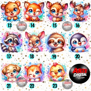 Pu&ograve; includere: Una collezione di adorabili animali dei cartoni animati creati digitalmente, tra cui un orso, una volpe, un cervo, un procione, un bradipo, un pinguino, un cucciolo, un gattino e un pulcino. Ogni personaggio ha grandi occhi espressivi ed &egrave; circondato da spruzzi di acquerello colorati. Sono inclusi i numeri 13-23.