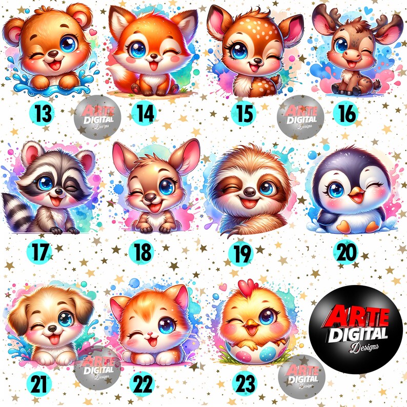 Pu&ograve; includere: Una collezione di adorabili animali dei cartoni animati creati digitalmente, tra cui un orso, una volpe, un cervo, un procione, un bradipo, un pinguino, un cucciolo, un gattino e un pulcino. Ogni personaggio ha grandi occhi espressivi ed &egrave; circondato da spruzzi di acquerello colorati. Sono inclusi i numeri 13-23.