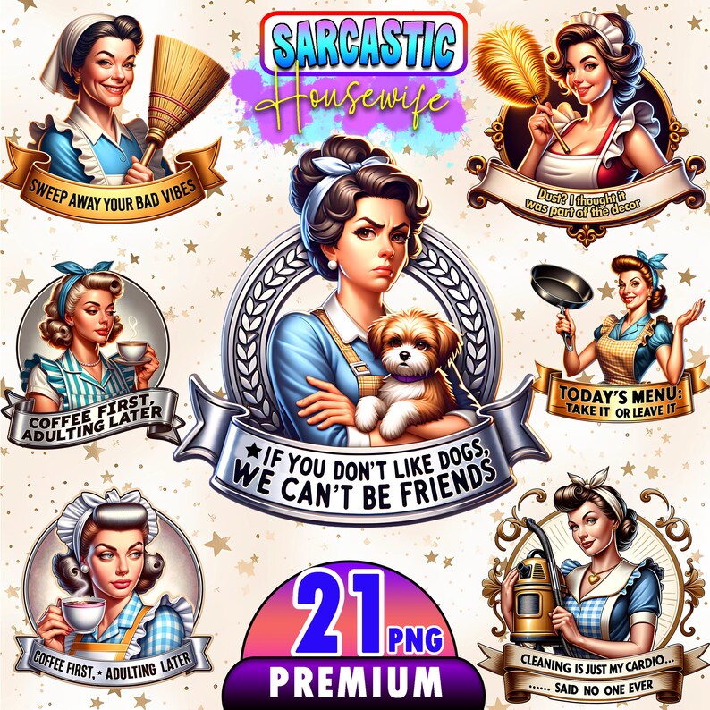 Retro Women Bundle of 21 PNG, Sarcastic Retro Housewife, 1950s housewife png, PNG Bundle, Sarcastic Retro women, Digital Download image 1