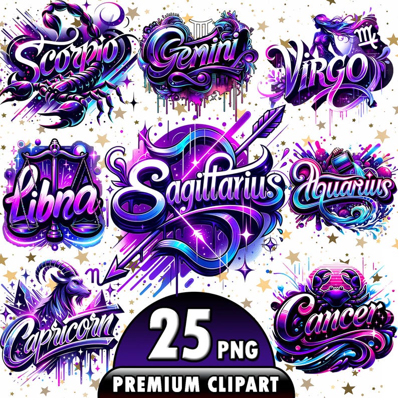 Peut inclure: Un ensemble de 12 signes du zodiaque color&eacute;s avec un sch&eacute;ma de couleurs violet, bleu et rose. Chaque signe est repr&eacute;sent&eacute; dans un design graphique stylis&eacute; avec un fond en forme d'&eacute;toile. Le texte "25 PNG PREMIUM CLIPART" est en bas de l'image.