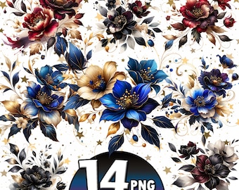 14 PNG, Dark and Gold Watercolor Flowers Clipart Bundle, dark flowering, dark arte flower, black flowerful, Commercial Use